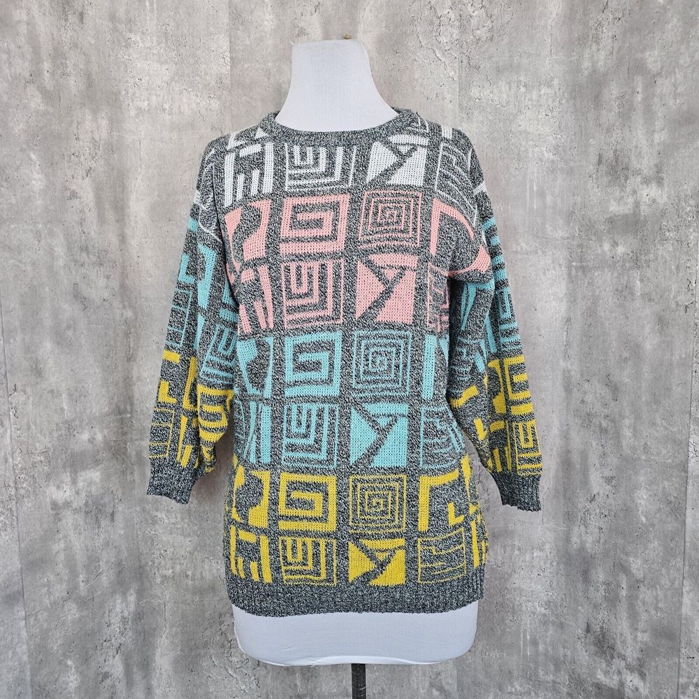 Vintage 80s 90s Jolie Womens M Grey Pastel Geo Pattern Long Line Knit Sweater‎